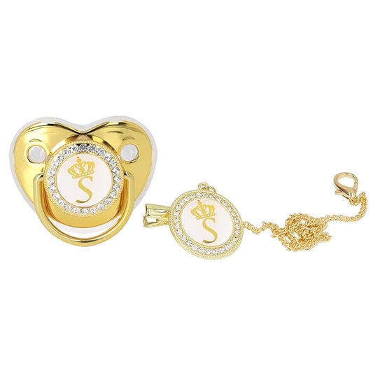 Personalized Golden Letter Baby Pacifier with Bling Design, Clips, Anti-Dust Cover for Newborn Photography, Size S