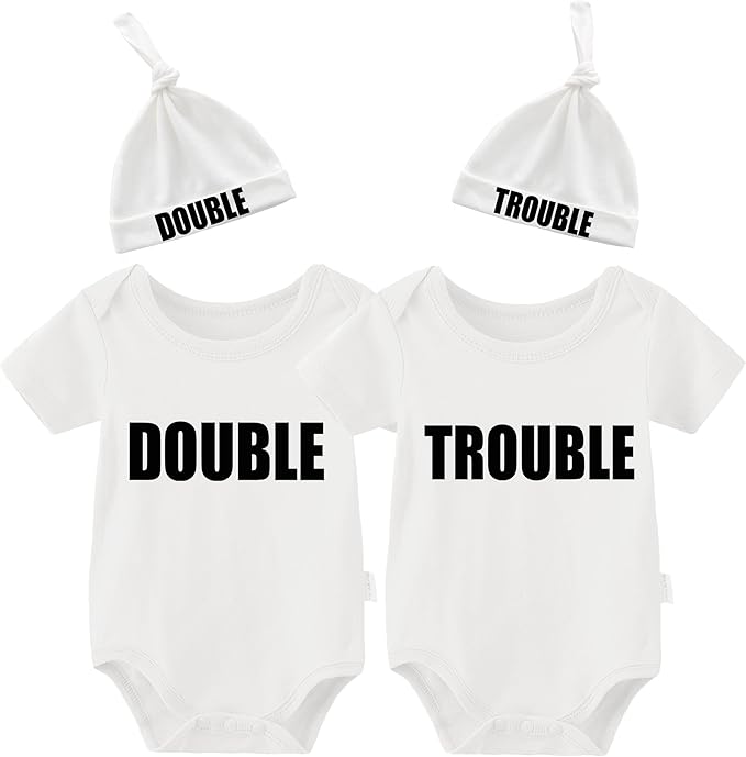YSCULBUTOL Baby Twins Bodysuits Funny Double Trouble Cute Girl Romper Twin Jumpsuits Hat Set