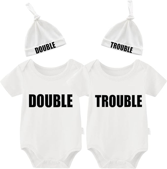YSCULBUTOL Baby Twins Bodysuits Funny Double Trouble Cute Girl Romper Twin Jumpsuits Hat Set