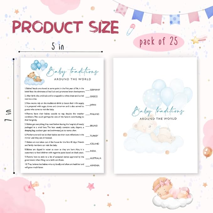 Baby Traditions Around The World Baby Shower Games, 25 Double-Sided Blue Bear Games for Boys with Answer Card, Interactive Party Supplies - B06