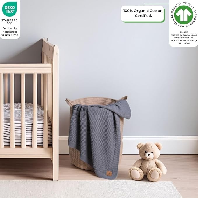 100% Organic Cotton GOTS Certified Baby Knitted Blanket with Gift Box - Soft Toddler, Crib, Stroller Blanket - Neutral Swaddle and Receiving Blanket for Newborns, 30"x40", Dark Grey