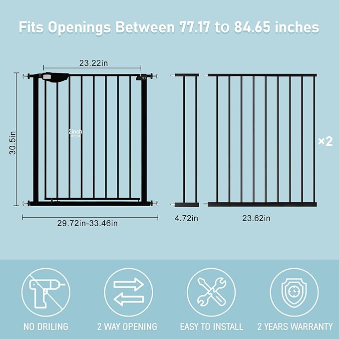 WAOWAO Triple Lock 77.17-84.65" Baby Gate Extra Wide Pressure Mounted Walk Through Swing Auto Close Safety Black Metal Dog Pet Puppy for Stairs,Doorways,Kitchen