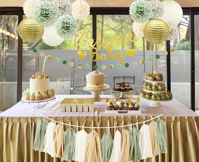 Baby Shower Decorations Sage Green&Gold for Boy or Girl- Welcome Baby Banner,PomPoms,Lanterns,Circle Dot& Tassels Hanging Garland Party Supplies-Safari Woodland Jungle Forest Boho Theme Neutral Gender