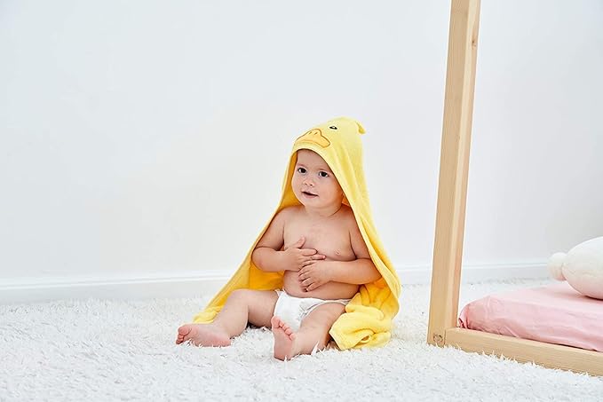 HIPHOP PANDA Hooded Towel - Rayon Made from Bamboo, Bath Towel with Bear Ears for Newborn, Babie, Toddler, Infant - Absorbent Large Baby Towel - Yellow Duck, 37.5 x 37.5 Inch