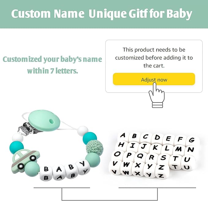 Personalized Pacifier Clip with Name for Baby, Customized Pacifier Clip Fits All Pacifiers, Baby Birthday Christmas Gift for Boys and Girls, Car (Green)