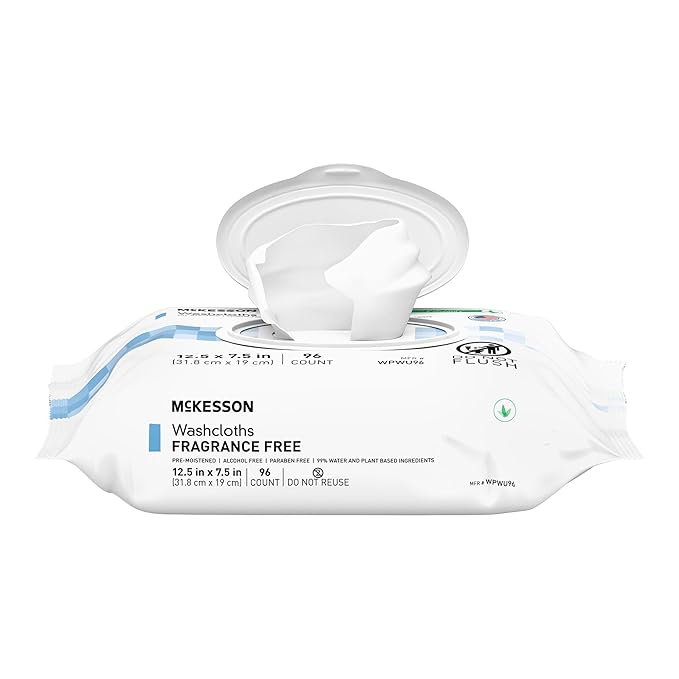 McKesson Washcloth Wipes for Adults, Unscented (6 Pack, 576 Washcloths) Disposable Wash Cloths for Body - Fragrance-Free No-Rinse Formula - Good for Incontinence and Elderly - 96 Wipes Per Pack