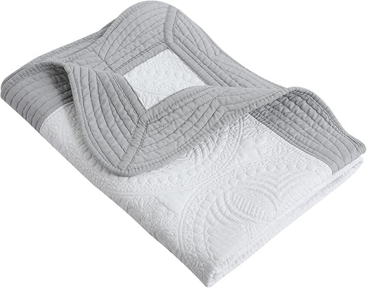 MONOBLANKS Baby Quilt Personlized Monogram Lightweight Embossed Scalloped Throw Blanket Four Seasons (White-Grey Trim)