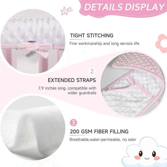 Plush Pink 3pcs New Teething Edge Crib Rail Cover&Corner Guard Coverage Straps,Reversible Guardrail Cover Protector for Boys Girls(1 Long 2 Short)