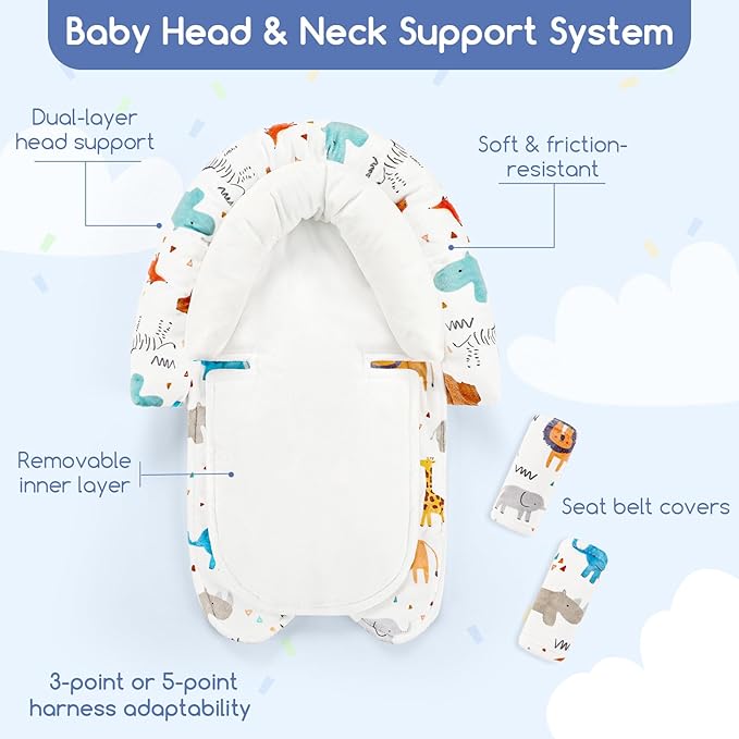 Infant Car Seat Insert & Strap Cover for Baby Boys, 2 in 1 Carseat Head Support Newborn, Ultra Soft Car Seat Cushion for Babies, Plush Fabric, Fit for Swing, Car Seat, Stroller, Bouncer