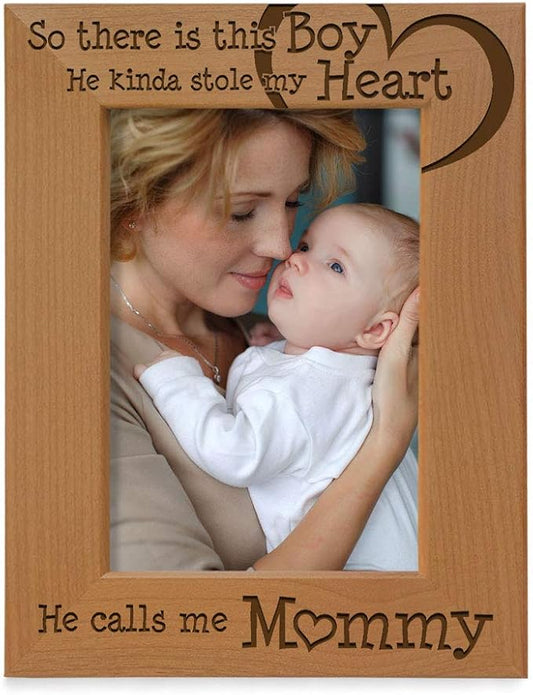KATE POSH So There is This Boy He Calls me Mommy - Natural Engraved Wood Photo Frame Mother and Son Gifts, Mother's Day, Best Mom Ever, New Baby, (5x7-Vertical)