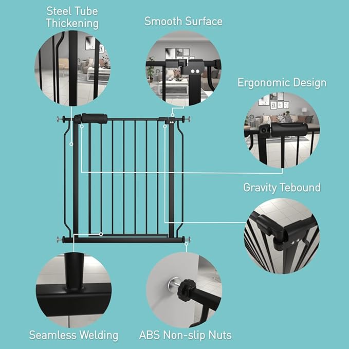 WAOWAO Baby Gate 76.38-81.10" Extra Wide Pressure Mounted Walk Through Swing Auto Close Safety Black Metal Toddler Kids Child Dog Pet Puppy for Stairs,Doorways,Kitchen