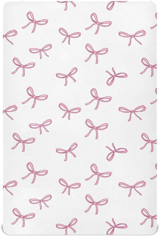 Baby Crib Sheets Bow Ribbon Pattern Crib Sheets for Boys Girls,Neutral Bassinet Toddler Bed Play Sheets Breathable Soft and Portable 52 * 28 * 9in