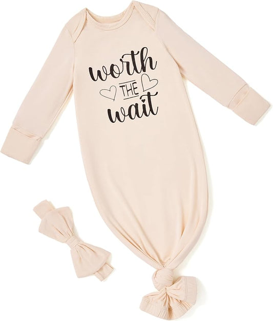PATPAT Baby Sleeper Gown with Bamboo Viscose for Newborn Girls Boys, Knotted Nightgown with Mittens for Infant Home Coming