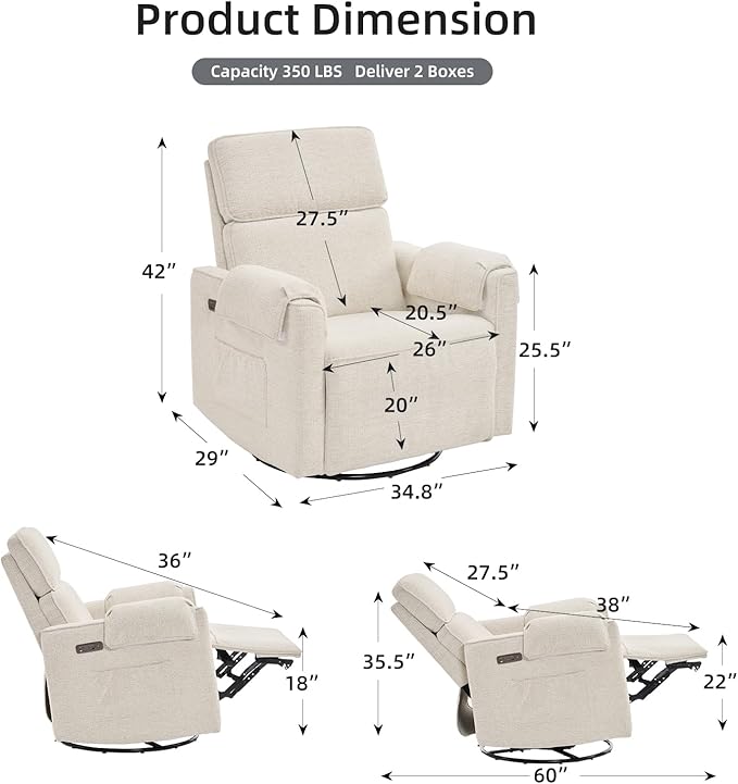 Oversized Power Recliner Chair, 26" Extra Wide Swivel Rocker Recliner with Adjustable Headrest, Chenille Glider Rocking Nursery Chair with Overstuffed Armrest, USB Ports, White
