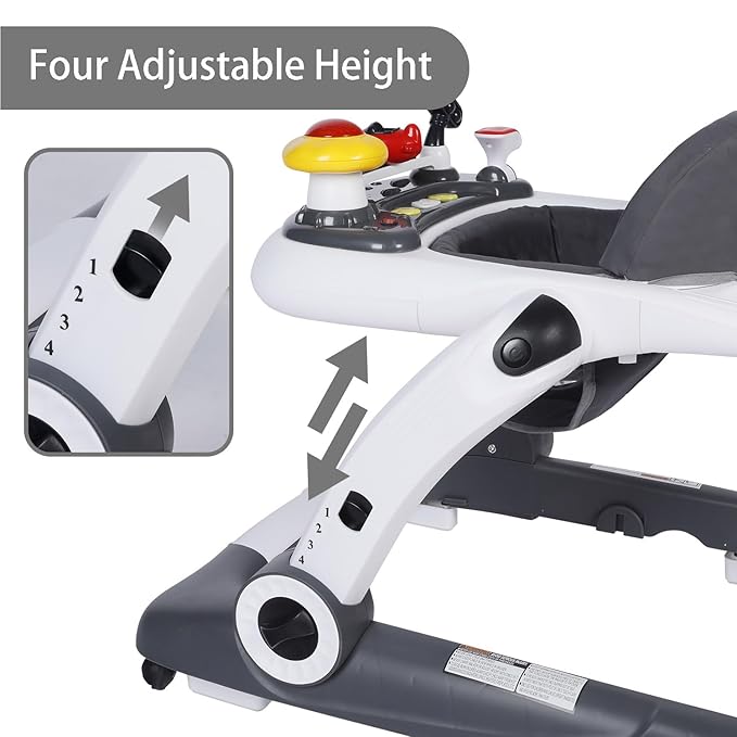Kinder King Baby Walker with Music & Lights, 5 in 1 Baby Bouncer Activity Walker, Adjustable Height & Seat, Learning-Seated & Toddler Walk-Behind, Safety Bumper, Infant Walker Anti-Rollover, Grey