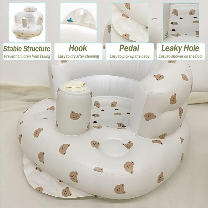 Inflatable Baby Seat, Inflatable Baby Chair for Babies 3 Months and Up, Summer Blow Up Chair with Built in Air Pump, Infant Floor Seats for Learning to Sit, Palying, Camping, Bear Head