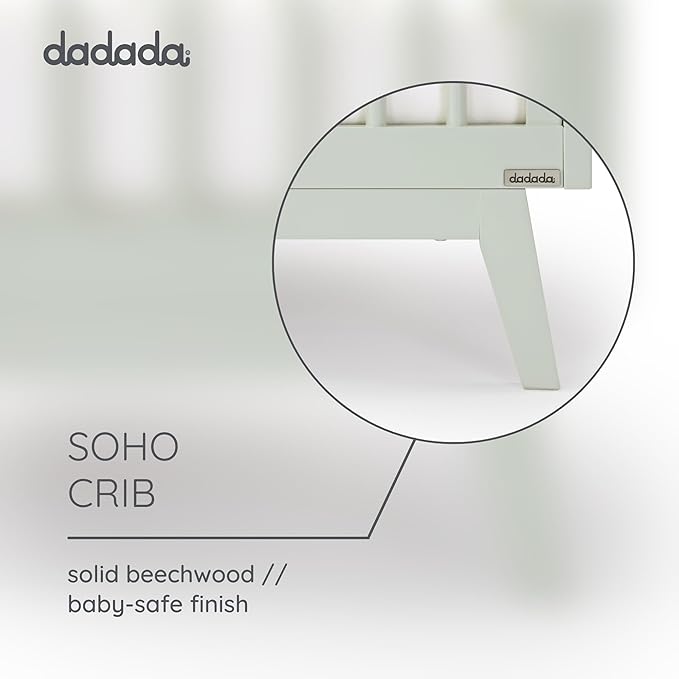 dadada Baby Soho 3 in 1 Convertible Wooden Crib to Toddler Bed - Made in Italy, GREENGUARD Gold Certified, Baby-Safe Finish, Sustainable Beech Wood, Modern Design, 3 Adjustable Heights (Sage)