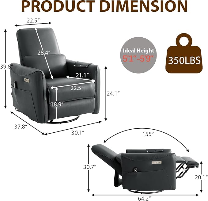 Swivel Glider Rocking Recliner, Power Recliner Chairs with Massage & Lumbar Support, Upholstered Faux Leather Reclining Sofa Chair for Living Room & Nursery (Darkgrey)