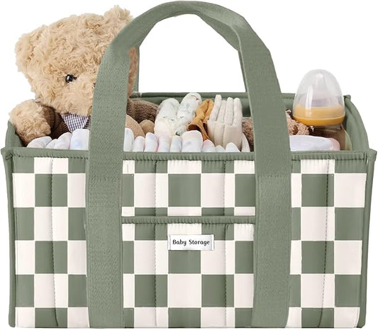 Baby Diaper Caddy Organizer for Changing Table, Baby Storage Basket for Diapers and Baby Wipes, Gift for Baby Shower, Car Caddy Organizer, Nursery Diaper Organizer, Moss Check