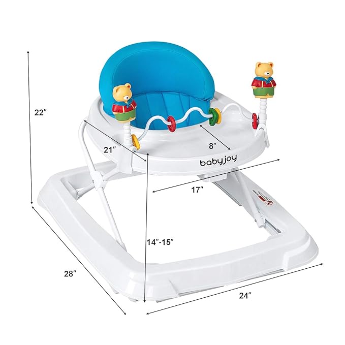 BABY JOY Baby Walker, Foldable Activity Walker with Adjustable Height, Large Tray & Removable Toys, Baby Walker with Wheels for Boys Girls 6-18 Months (Blue)