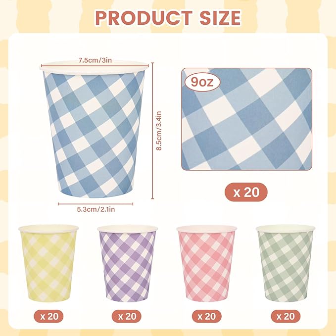100pcs 9 oz gingham party Paper cups, 5 Colors Disposable Plaid Paper Checkered Cups for Wedding Birthday Party, Travel, Baby Shower Picnic