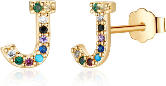 Memorjew Initial Stud Earrings for Women, Hypoallergenic 925 Sterling Silver Post Rainbow Cubic Zirconia Gold Plated 26 Initial Earrings for Women Jewelry Gifts
