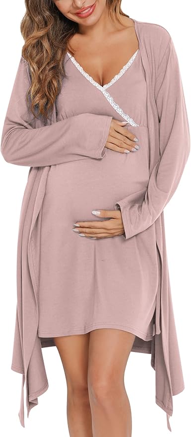 SWOMOG Womens Maternity Robe 2 Piece Nursing Nightgown for Breastfeeding 3 in 1 Labor Delivery Nursing Dress Lace Bathrobe