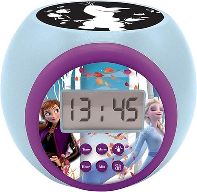 LEXIBOOK, Projector Clock Disney Frozen 2 Anna Elsa with Snooze Alarm Function, Night Light with Timer, LCD Screen, Battery Operated, Blue/Purple, RL977FZ
