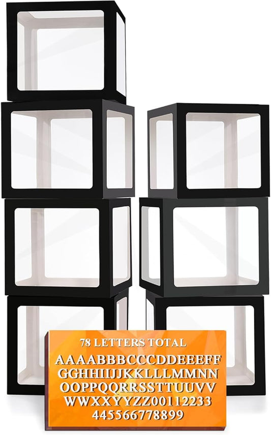Ledido Black Transparent Balloon Boxes With 78 Letters, Letter Box for Baby Shower Clear Baby Box Black Balloon Boxes for Birthday, Bridal Shower, Graduation Prom Party Decoration, 7 PCS