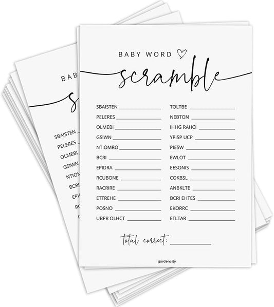 GardenCity 50 Baby Shower Word Scramble Game Cards, Fun Baby Shower Games for Boy or Girl, Gender Neutral - Minimalist