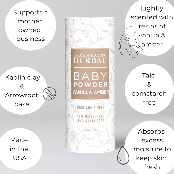 Baby Powder Talc-Free, Real Vanilla Amber Natural Scent, Cornstarch Free Arrowroot and Clay Based Powder, 2.5 oz