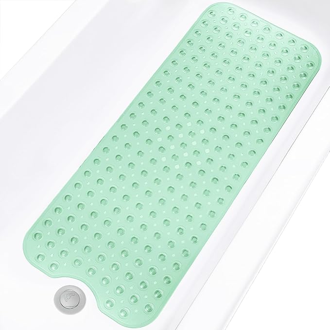 Linoows Bathtub and Shower Mats, Extra Long Non-Slip Bath Tub Mat 39 x 16 Inch, Machine Washable BathMat with Suction Cups & Drain Holes for Bathroom Floor, Clear Pale Green