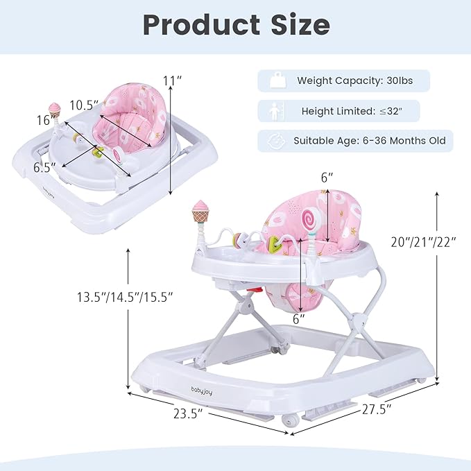BABY JOY Baby Walker, Foldable Activity Walker with Adjustable Height, Large Tray & Removable Toys, Baby Walker with Wheels for Boys Girls 6-18 Months (Pink, Swan Pattern)
