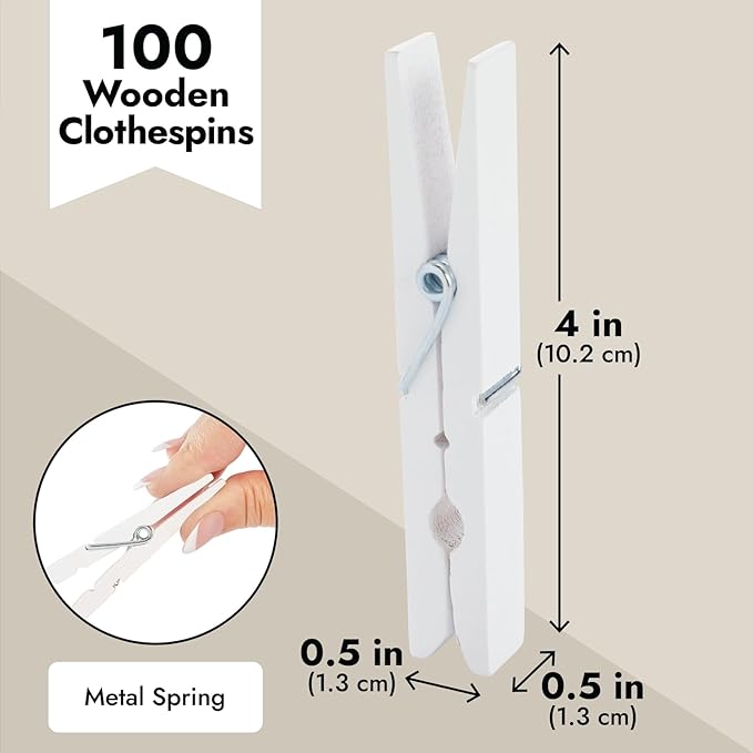 Juvale 100 Pack Wooden Clothespins for Hanging Laundry, Crafts, Photos (White, 4 in Clothes Pins Wooden)