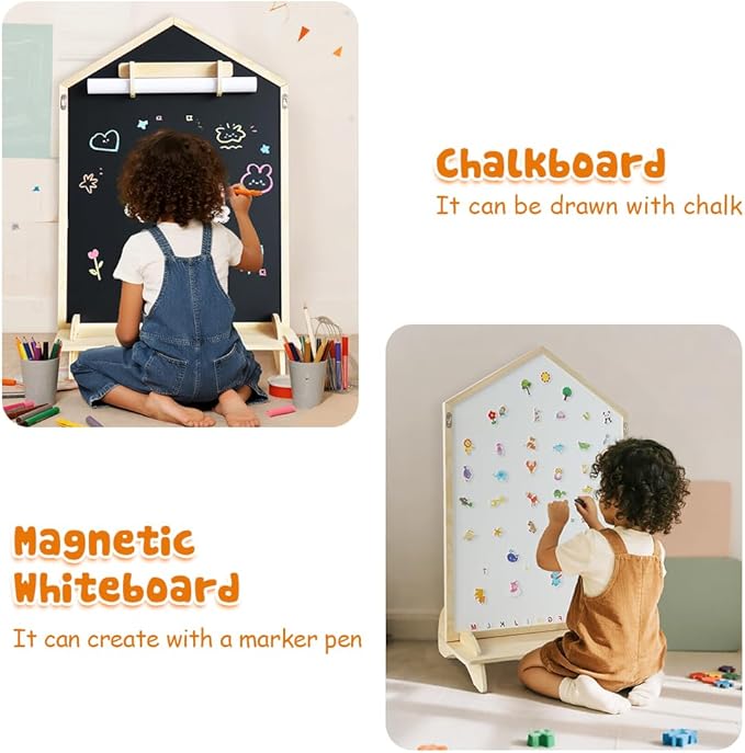 Double-Sided Magnetic Drawing Board for Kids- Chalkboard & Magnetic Whiteboard, Wood Frame Art Easel Board with Detachable Roller