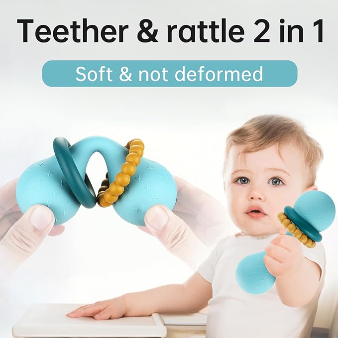 Baby Stacking Toys Silicone Teething&Squeezing Shaker Grab Spin Montessori Sensory Rattle for Babies Toddlers(Blue)