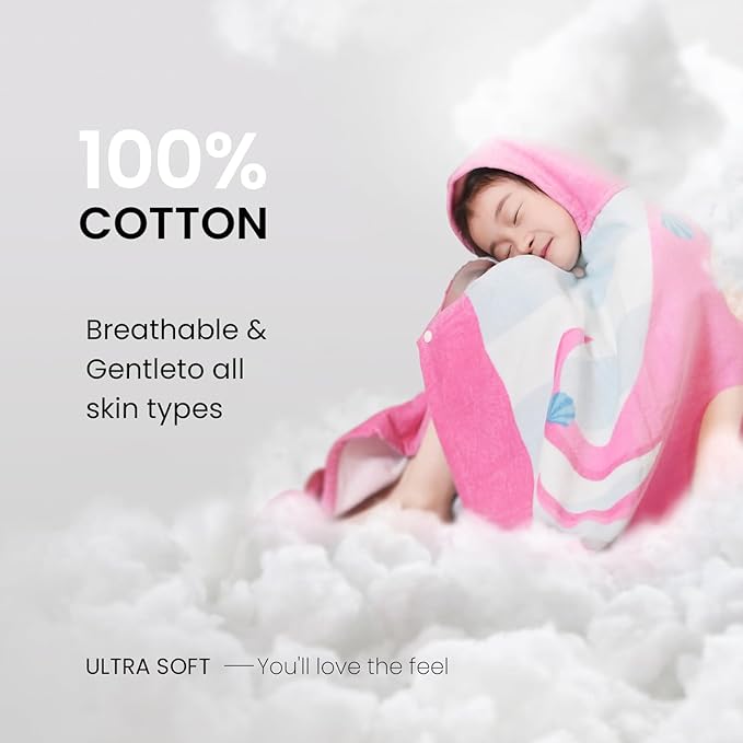 BANGSAUR Kids Hooded Beach Towels, 100% Cotton 50x30 inches Bath Pool Swiming Towel Wrap, Toddlers Girls 3-12 Years Coverup Rainbow Unicorn N