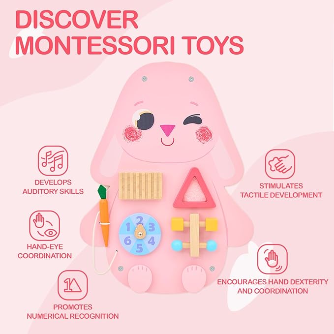 Monläurd® Wooden Rabbit Sensory Wall Toy, Busy Board for Toddlers, Montessori Sensory Wall Panel for Kids, Ideal for Classroom, Playroom & Daycare, Wall Activity Board