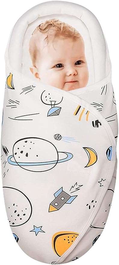 Organic Cotton Baby Swaddle Blankets, Unisex Baby Blanket Wrap for Newborn Baby Boys Girls, Skin Friendly Wearable Swaddling Sleep Sack Calms Startle Reflex (Planet, White, 0-3 Months)