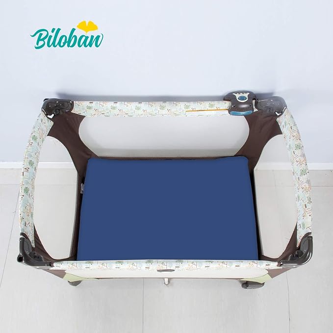 Biloban Pack and Play Sheets Fitted, 2 Pack Pack and Play Sheet Fits for Graco Pack n Play Mattress, Neutral Playard Sheets for Baby Boys and Girl, White & Navy Blue, 38”X 26”