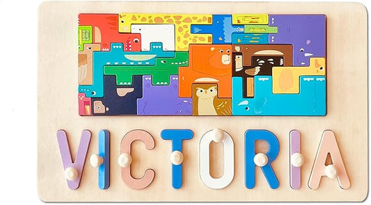 Name Puzzle for Kids Personalized, First Birthday for Baby Boy Girl, Wooden Name Puzzles for Toddlers 1-3, Educational Toys for 1 Year Old (Cute Animal)