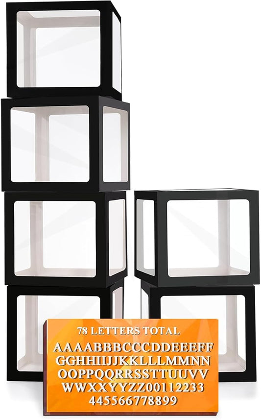 Ledido Black Transparent Balloon Boxes With 78 Letters, Letter Box for Baby Shower Clear Baby Box Black Balloon Boxes for Birthday, Bridal Shower, Graduation Prom Party Decoration, 6 PCS