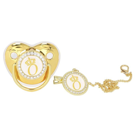 Personalized Golden Letter Baby Pacifier with Clips, Anti-Dust Cover, Bling Design for Newborn Photography, Letter O