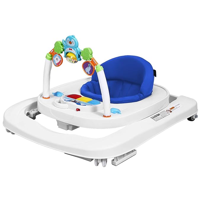HONEY JOY Baby Walker, Foldable Push Walker Toy-Seated & Walk-Behind with Wheels, Interactive Piano & Pedants, Adjustable Height & & Speed, Padded Seat, Baby Walkers for Boys Girls(Blue)