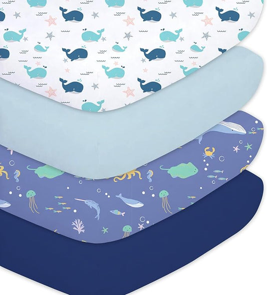 Little Grape Land Toddler Sheets 4 Pack – Baby Crib Sheets Fitted for Boys Girls, Standard Size 28x52‘’ Crib Mattress, Super Soft Breathable Washable Microfiber (Whale/Shell Blue/Ocean/Navy)