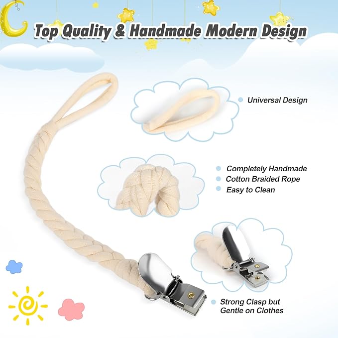 Pacifier Clip for Boys and Girls, 6 Pack Baby Pacifier Holder Leash 100% Handmade Braided Fits All Pacifiers & Teething Toys Modern Unisex Baby Gift