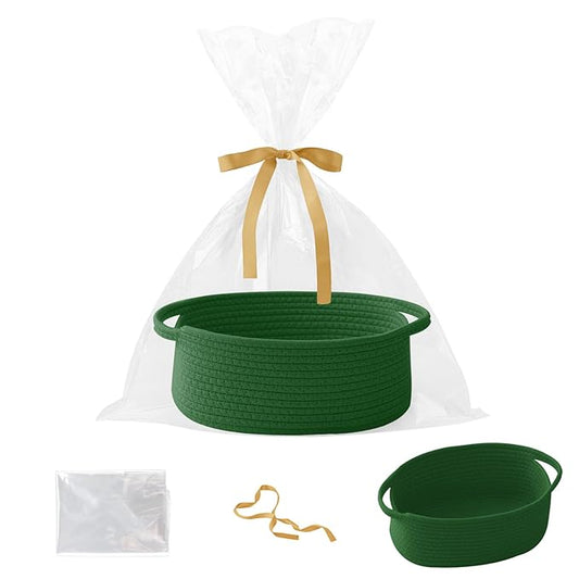 Gift Basket with Gift Bag and Ribbons,Small Rope Woven Shelf Storage,Baskets for Gifts Empty,Birthday,Shower,Decorative Organizer Box for Cat Dog Pet with Handles(Green)