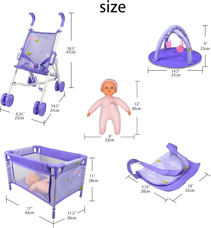 ANIVIA Baby Doll Stroller Set - Accessories Include Crib, Play Mat, Feeding Toy, Diaper Bag - Nursery Role Play Set (11" Doll Included)