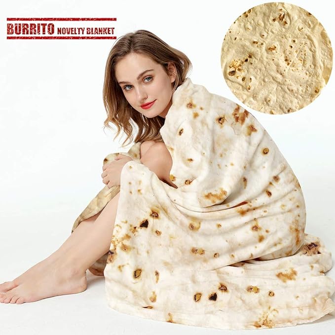 Burrito Tortilla Throw Blanket, 2.0 Double Sided Burritos Taco Tortilla Wrap Blankets for Adults Kids, Giant Funny Realistic Food Blankets, Soft Flannel Round Throw Blanket 80in