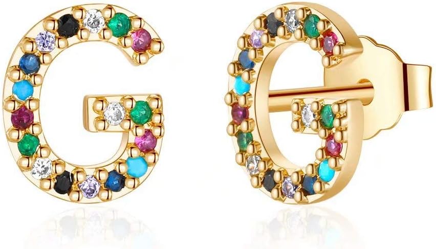 Memorjew Initial Stud Earrings for Women, Hypoallergenic 925 Sterling Silver Post Rainbow Cubic Zirconia Gold Plated 26 Initial Earrings for Women Jewelry Gifts